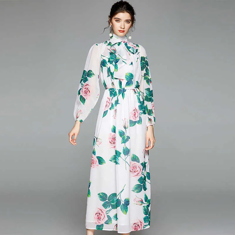 ファッション滑走路デザイナードレス秋の女性長袖バラの花のプリント休日のマキシパーティードレス210529