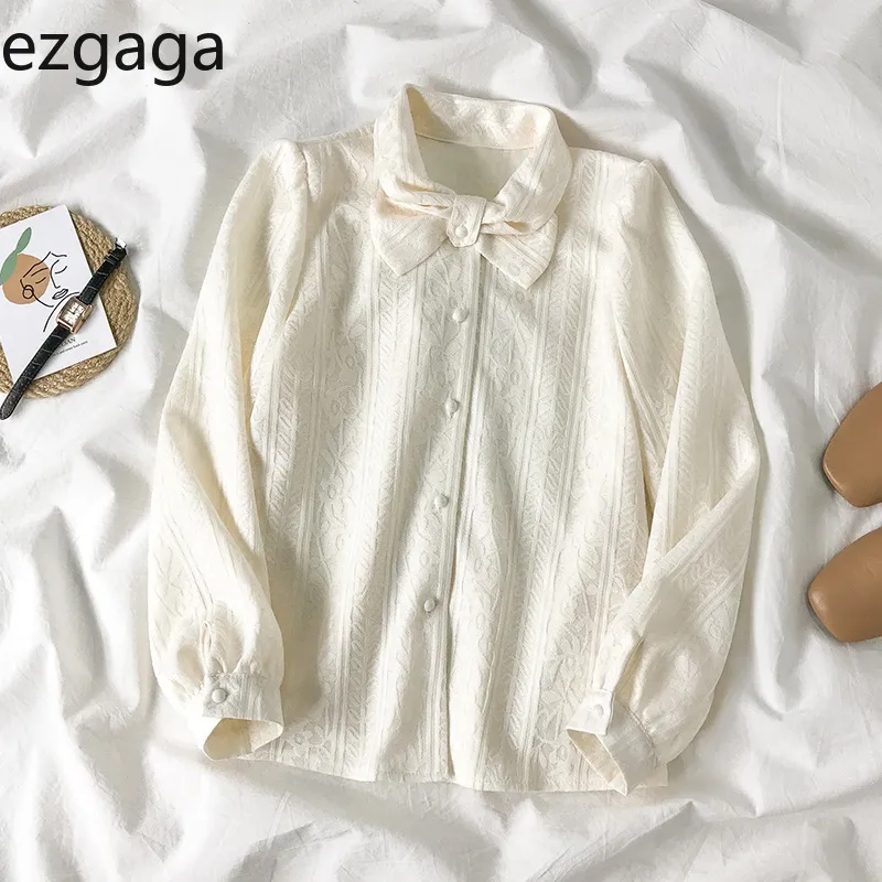 Ezgaga Bluse Frauen Shirts Bowknot Langarm Solide Lose Koreanische Mode Einreiher Büro Dame Shirts Elegante Tops 210430