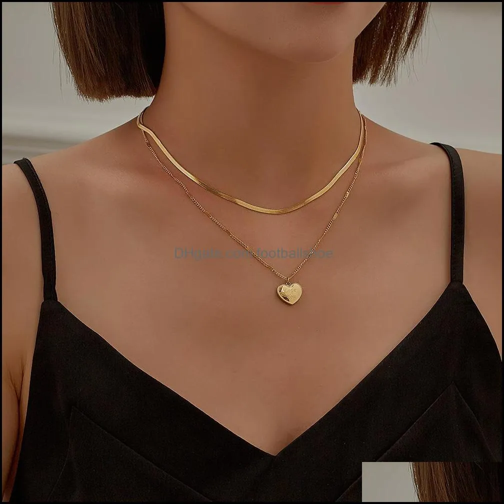 18K Gold Flat Snake Chain Heart Charms Necklaces For Women Choker Collar Heart Stainless Steel Necklaces