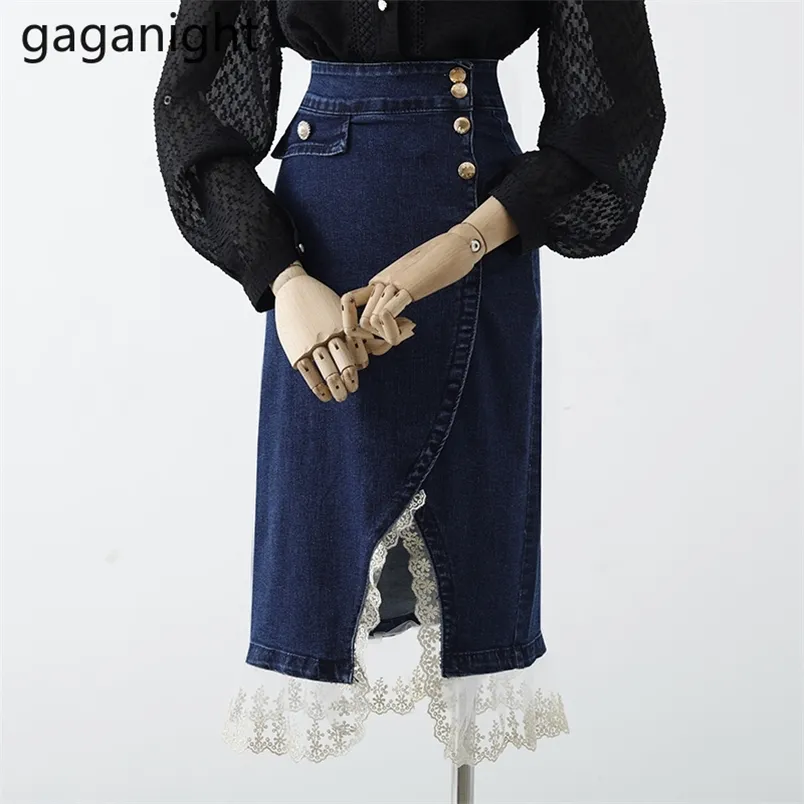 Jeans kvinnor lång kjol patchwork spets mode denim plus storlek hög midja kjolar våren solid botten faldas 210601