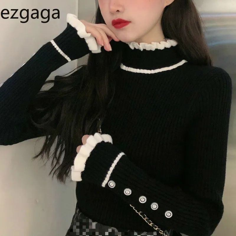 Ezgaga suéter básico jersey mujeres invierno coreano cuello alto vintage patchwork volantes botón dulce base punto tops moda 210430