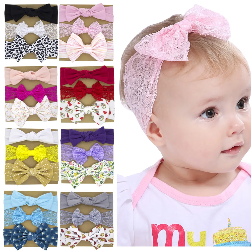 Baby Headbands Floral Bow Hair Tillbehör Kids Girls Lace Head Wrap Barn Elastisk Bowknot Headband 3pcs Set Kha36