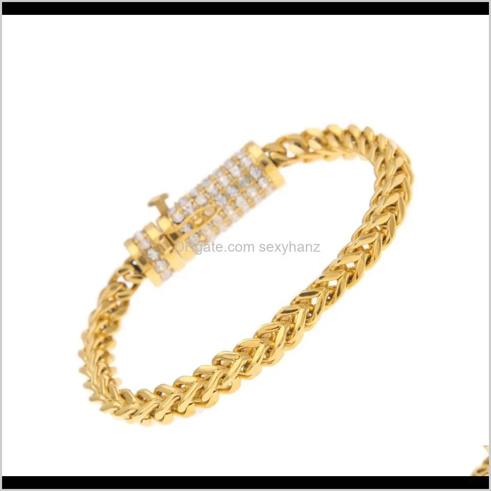 Länk, armband droppleverans 2021 Box Clasp Franco Link 20cm Iced Out Rhinestone Gold Sier Filled Chain Mens Hip Hop Armband bling smycken