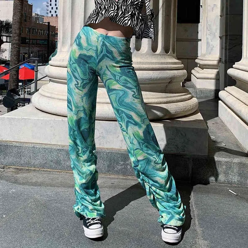 Paisley print groen rechte y2k joggingbroek hoge taille gestapelde broek vrouwen mode chique stropdas kleurstof ruches broek voor vrouwelijke 210415