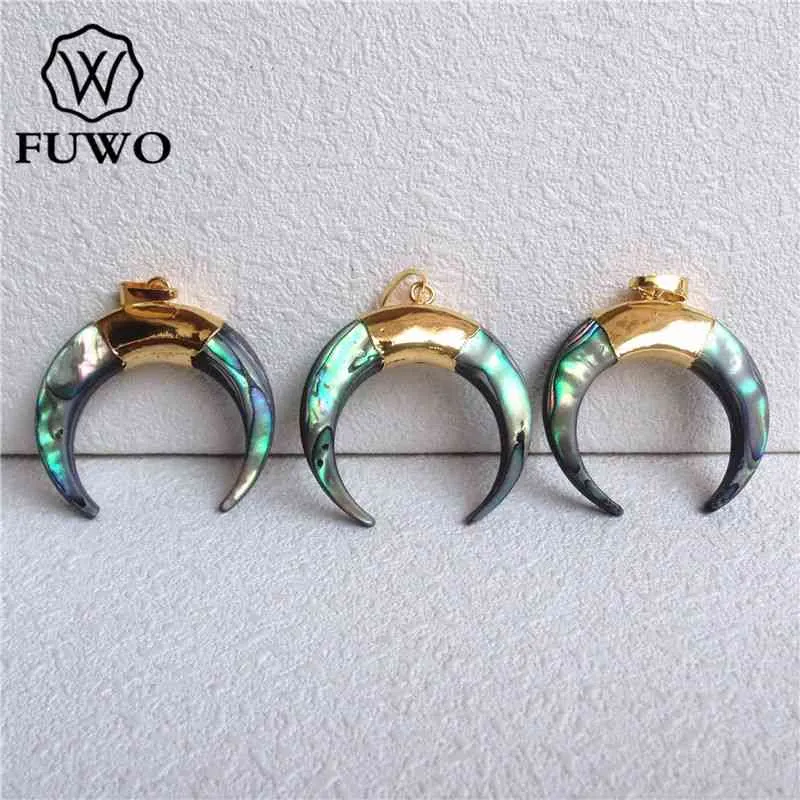 FUWO Double Horn Abalone Pendant,Gold Filled Fashion Sea Shell Beach Crescent For Jewelry Making PD555