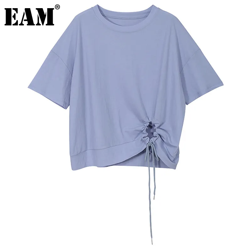 [EAM] femmes noir cordon irrégulier grande taille T-shirt col rond manches courtes mode printemps été 1DD6643 210512
