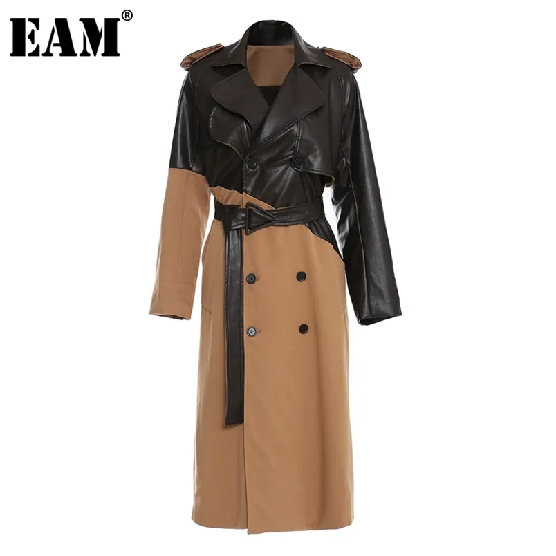 [EAM] femmes kaki Pu cuir grande taille longue Trench revers manches coupe ample coupe-vent mode printemps automne 1DD0024 210914