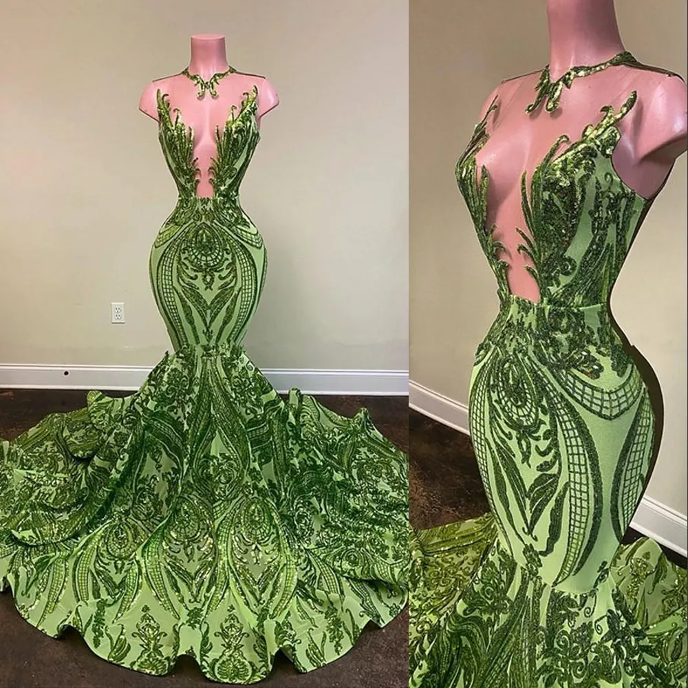 2021 Sparkly Sequins Olive Green Mermaid African Prom Dresses Black Girls Jewel Neck Illusion Long Graduation Dress Plus Size Formal Sequined Evening Gowns