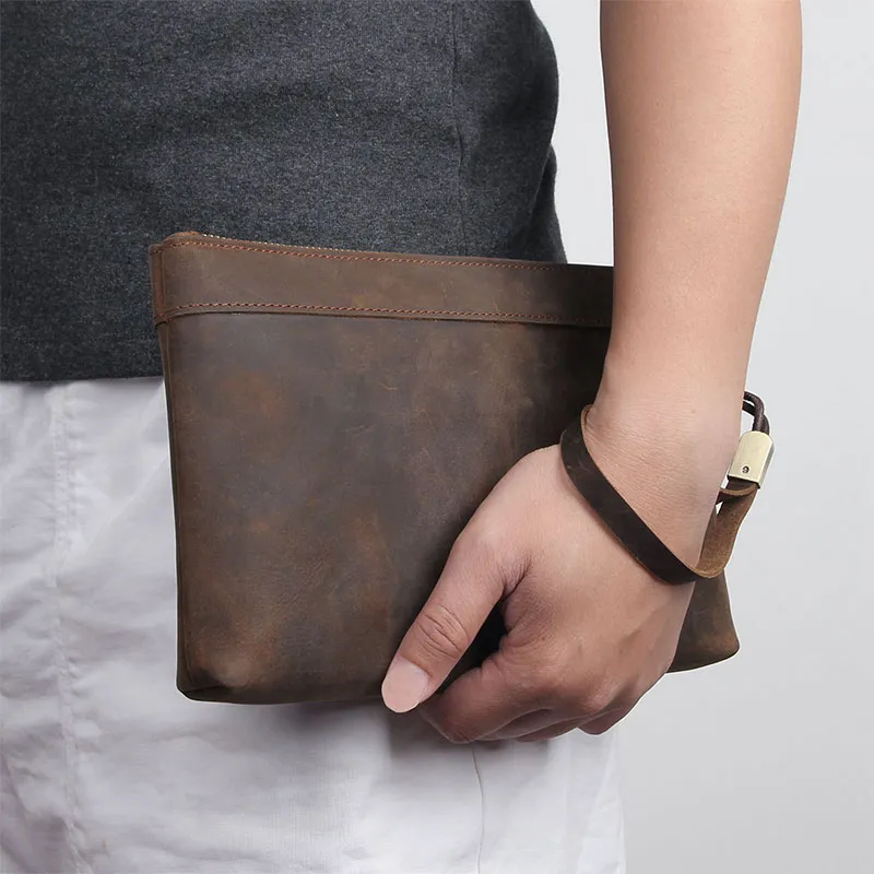 メンズ本物のレザークラッチビンテージ便利な大きな牛革リストレットハンドバッグ財布