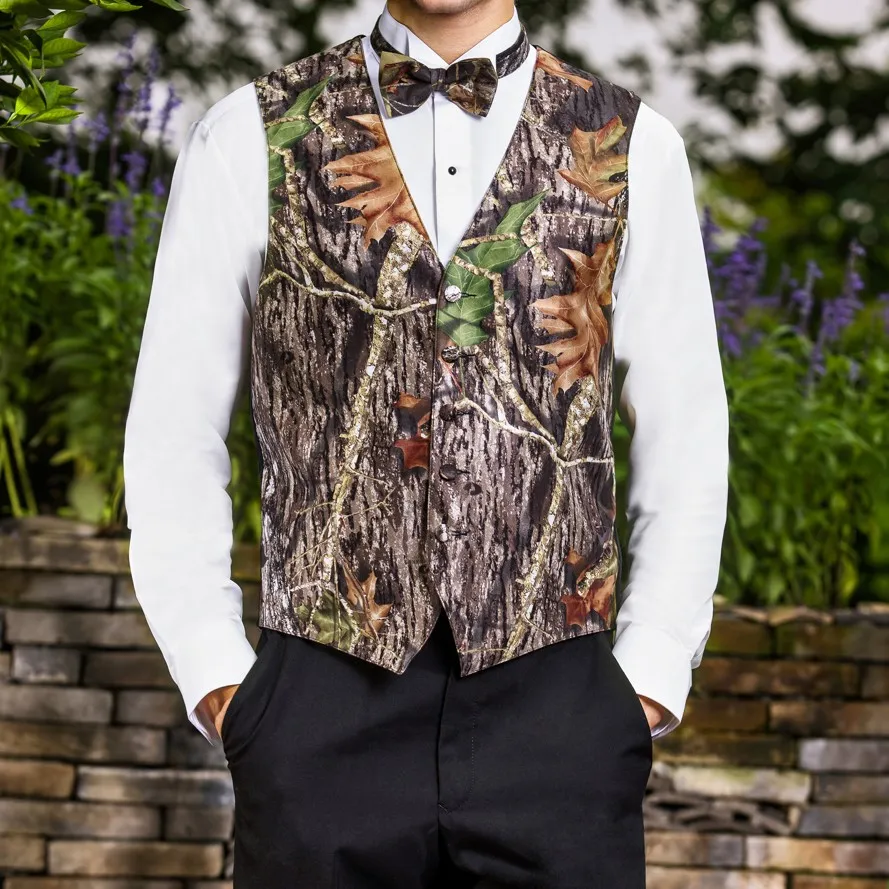 2021 Camo Bruidegom Vesten Groomman Attire Slim Fit Mens Pak Vest Prom Draag Trouwjurk Tailor Taillon Country Farm (Vest + Bow)