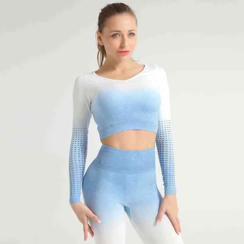 Moda Gradient Bez Szwu Sport Koszulki Kobiety Hollow Out Długi Rękaw Running Crop Top Woman Tie-barwnik Joga Ropa Deportiva Mujer 210514