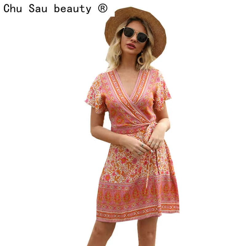 Beauty Boho Fashion Print Wrap Dresses Women Holiday Chic V-Choquh Sashes Summer Mini Mujer Vestido 210514