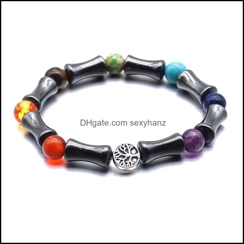 Tree Of Life 7 Chakras 8MM Black Hematite Beaded Bracelet Healing Balance Beads Reiki Buddha Prayer Women Men Jewelry Beaded, Strands