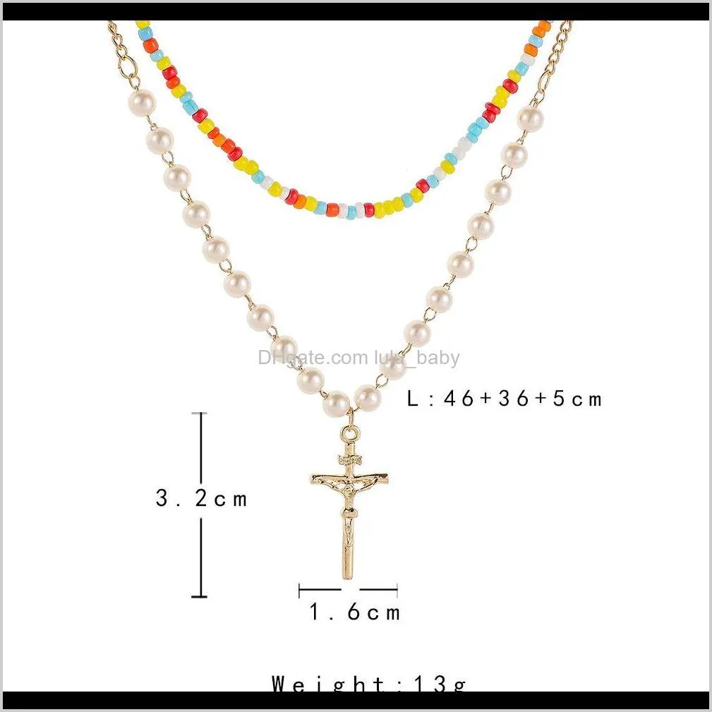 s1708 hot fashion jewelry double layer chain faux pearls colorful beads necklace cross pendant necklace