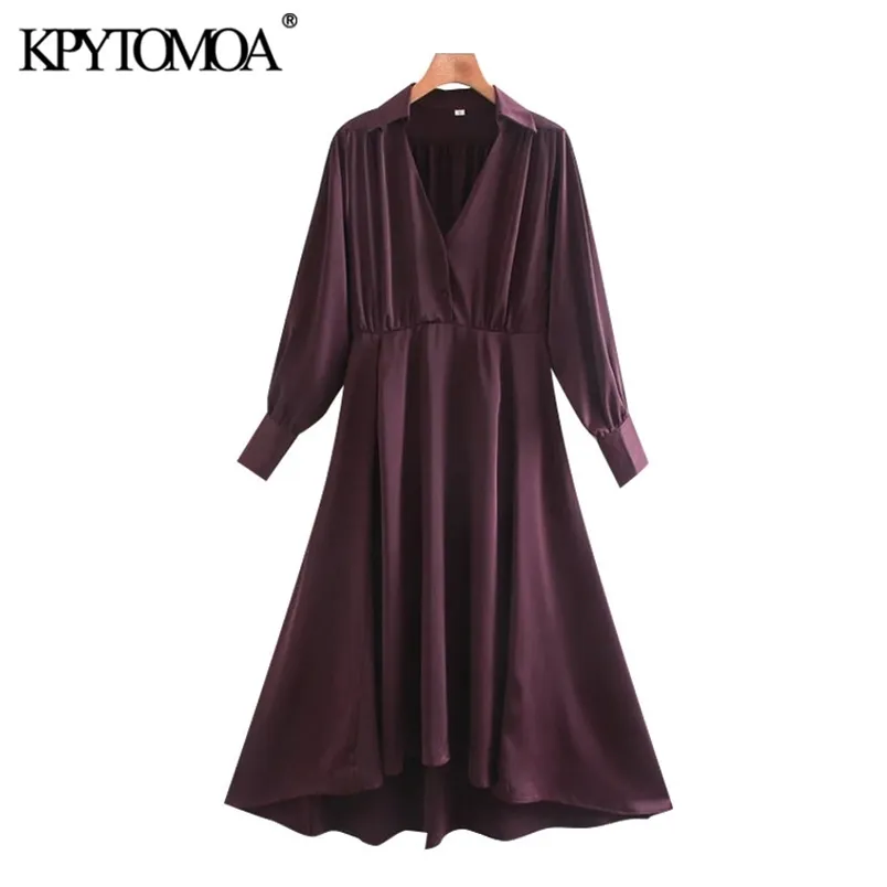 Women Fashion With Buttons Soft Touch Asymmetric Midi Dress Puff Sleeve Side Zipper Female Dresses Mujer 210420