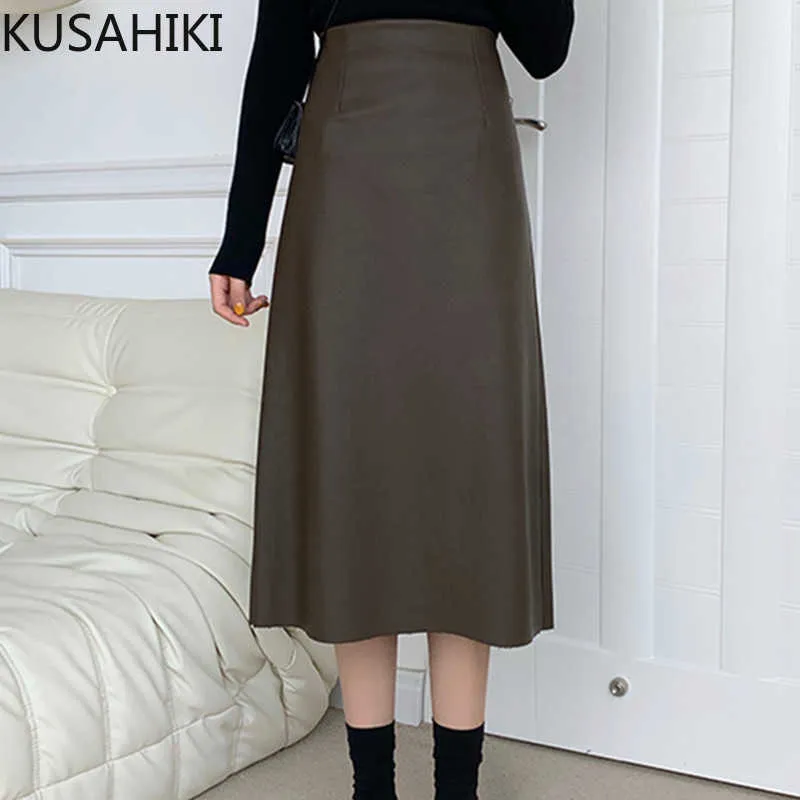 Hing Waist PU Leather Elegant Woman Skirts Causal A-line Split Skirt Spring Mid-calf Bottoms Mujer Faldas 6G421 210603