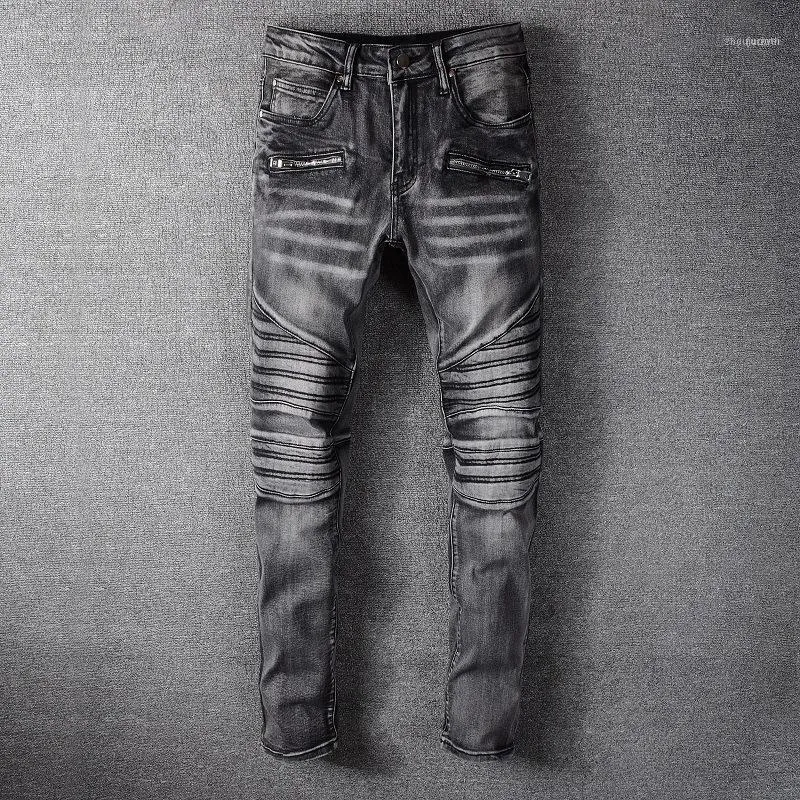 Grey Slim Fit Motorcycle Jeans For Men Hip Hop Bootcut Streetwear Stretch Denim Pencil Jeans Trousers For Men From Zhoujunwei 56.26 DHgate.Com