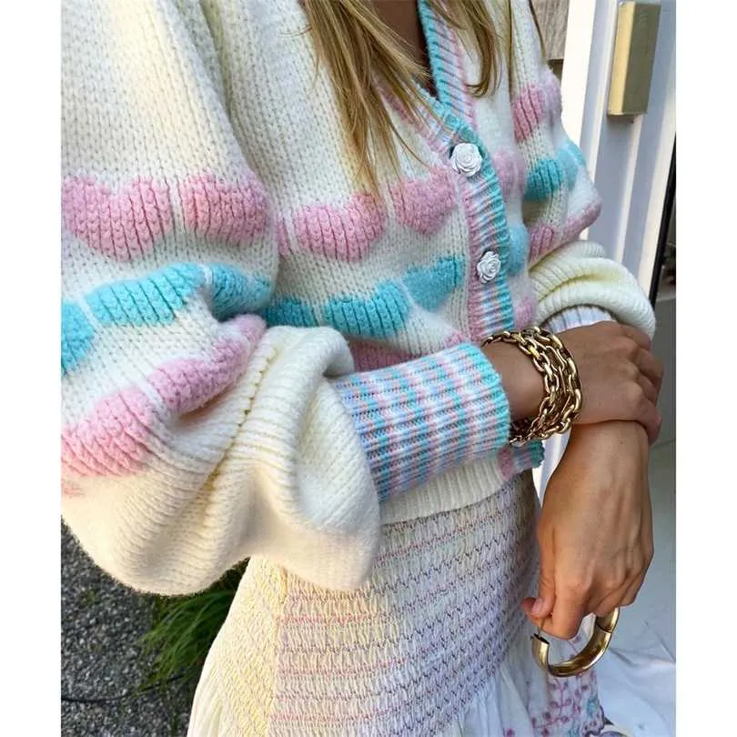 Jastie Mode Frauen Hit Farbe Herz Muster Strickjacke Pullover Mujer Laterne Hülse Einreiher Crop Oberbekleidung Herbst Tops 211018