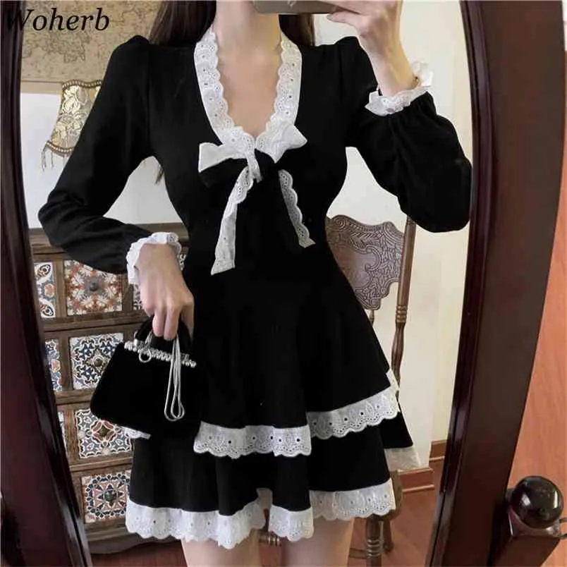 Frau Gothic Schwarz Kleid Verband Bogen Hohe Taille Rüschen Spitze Kleider Herbst Winter Vestidos Vintage Mini Robe Femme 210519