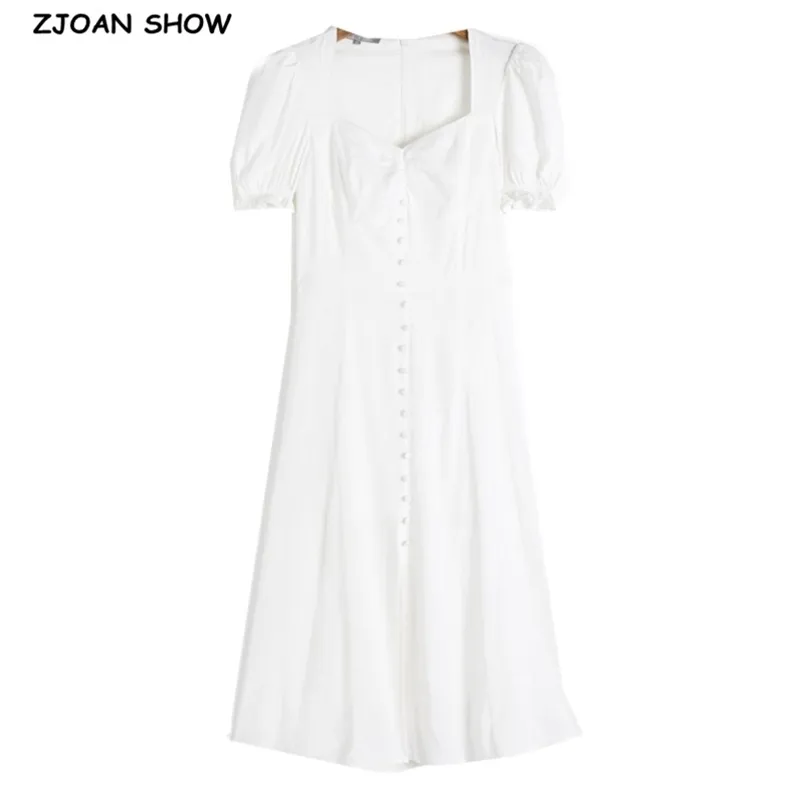 Sommar linne kvadrat krage kort ärm midi klänning vita kvinnor knappar smal midja swing långa klänningar pullover vestido 210429