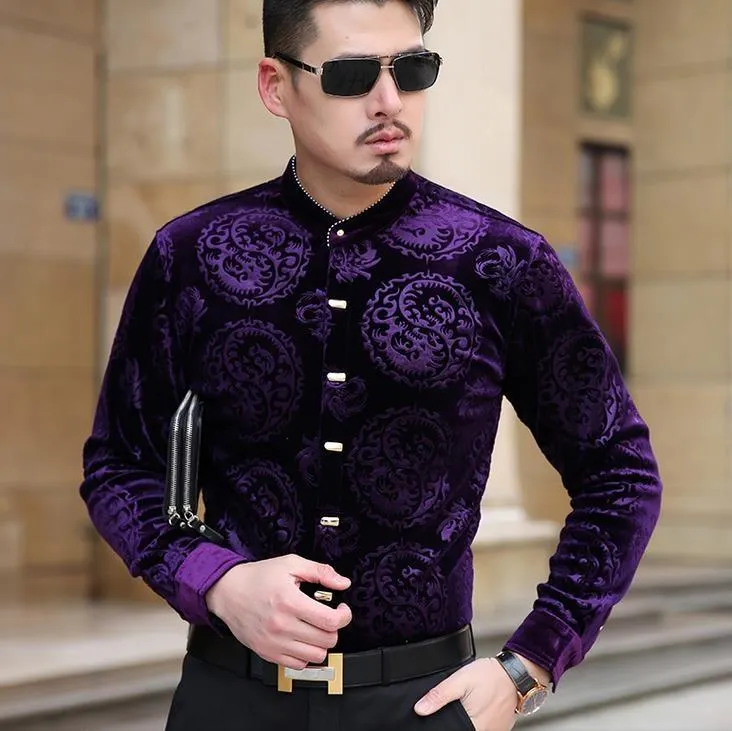 Men's Dress Shirts Men Stand Collar Long Sleeve Velvet Shirt Man Business Fashion Chemise Masculina Camisa Vetement Homm Drop