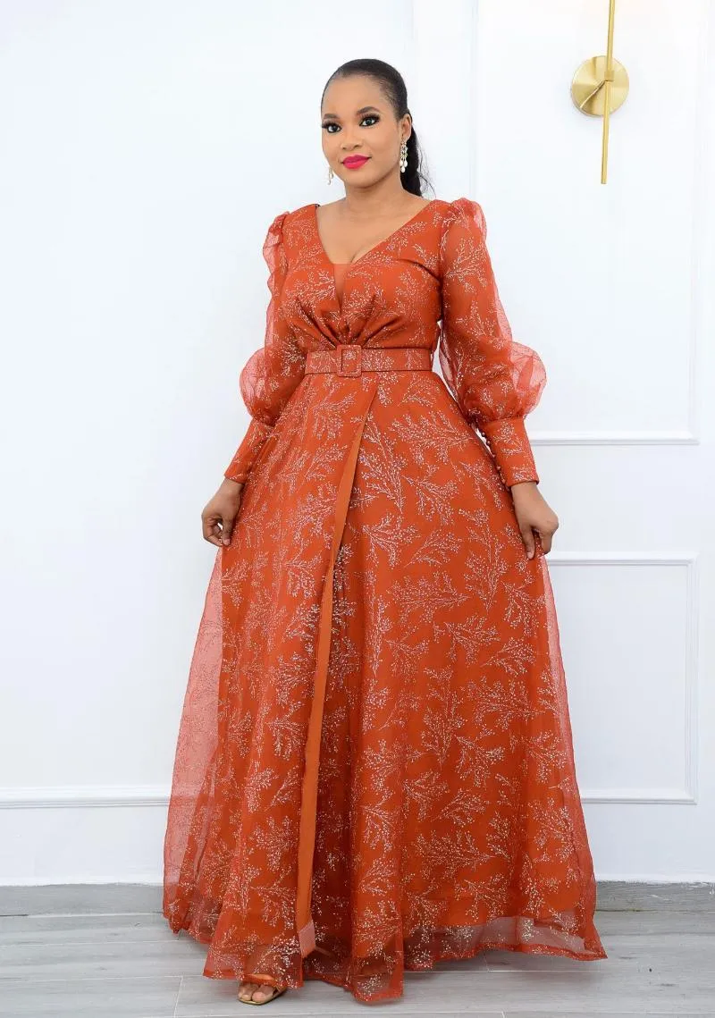 Odzież Etniczna Afryki Suknie Dla Kobiet Lato 2021 V-Neck Długi rękaw Plus Size Sukienka Maxi Odzież (bez pasa)