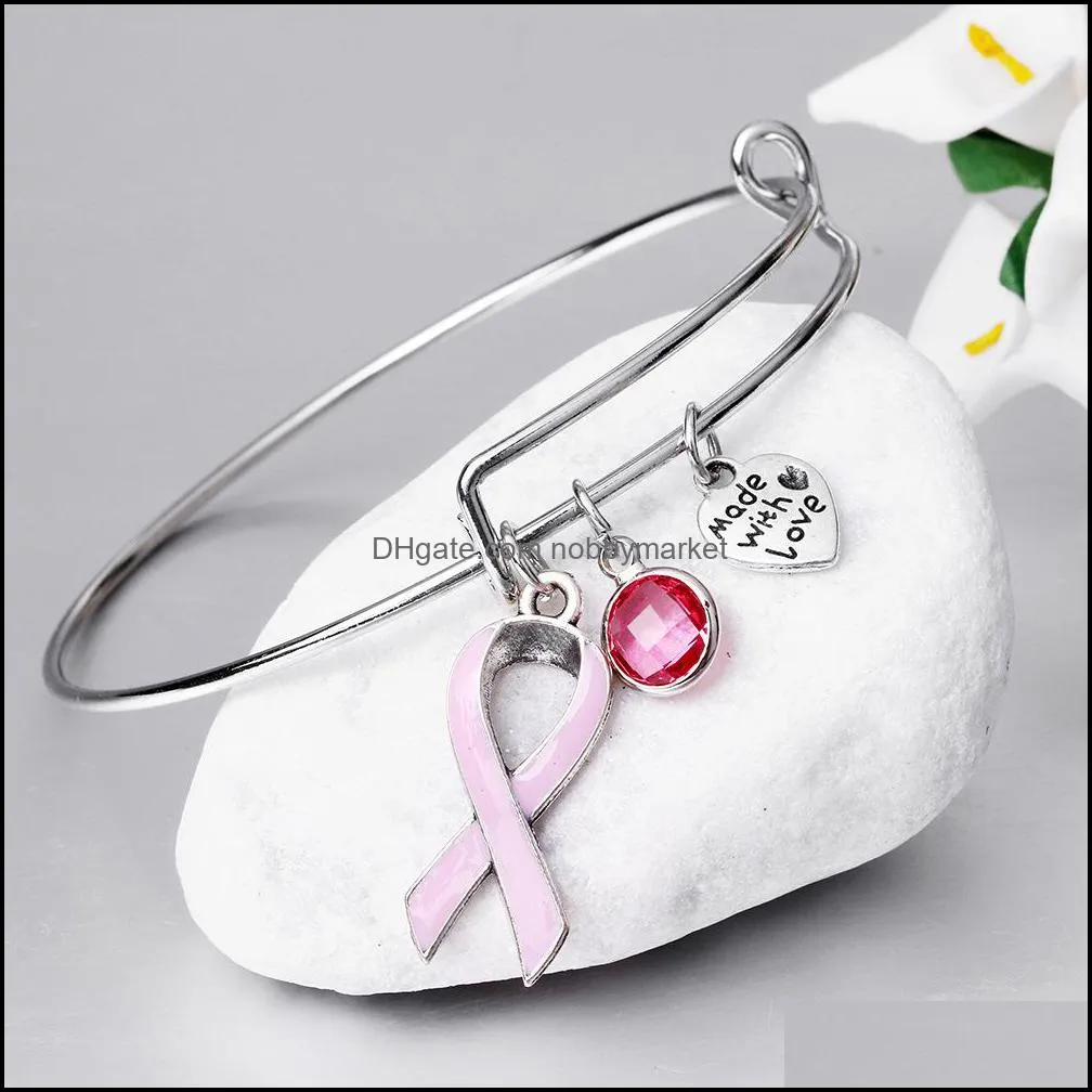 2019 Women Pink Ribbon Charm Bracelets For Female Breast Cancer awareness Extendable Silver Wire Bangle Nursing Survivor Jewelry Gift