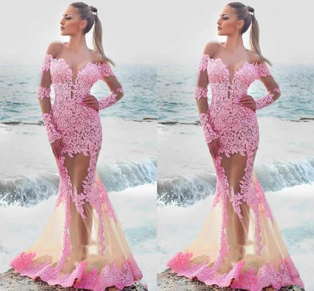 Berta Sexy Arabo See Guarda Attraverso Abiti da sera Mermaid con a maniche lunghe Sheer Gewy Neck Pavimento lunghezza Pageant Dimensioni abito rosa