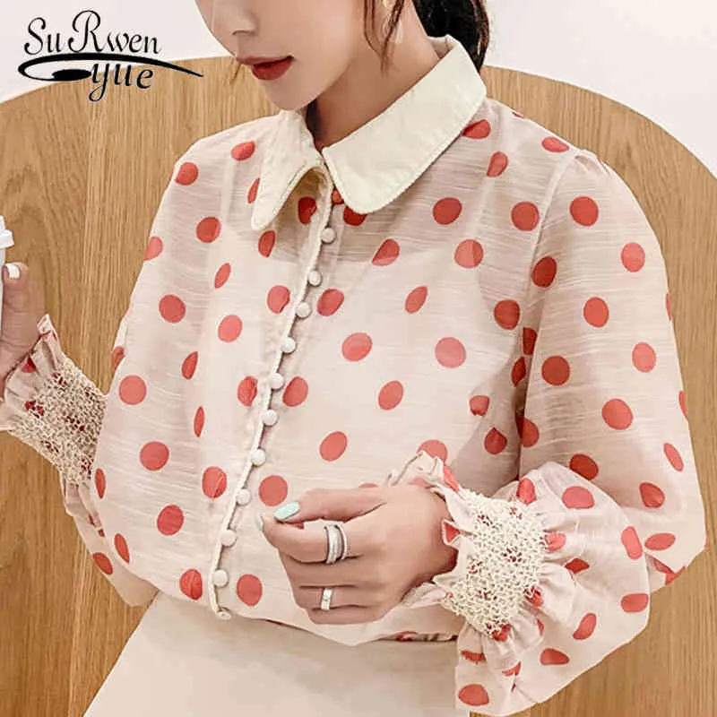 Fashion Women Blouse Long Sleeve Pink Clothing Causal Chiffon Elegant Polka Dot Tops 5325 50 210521