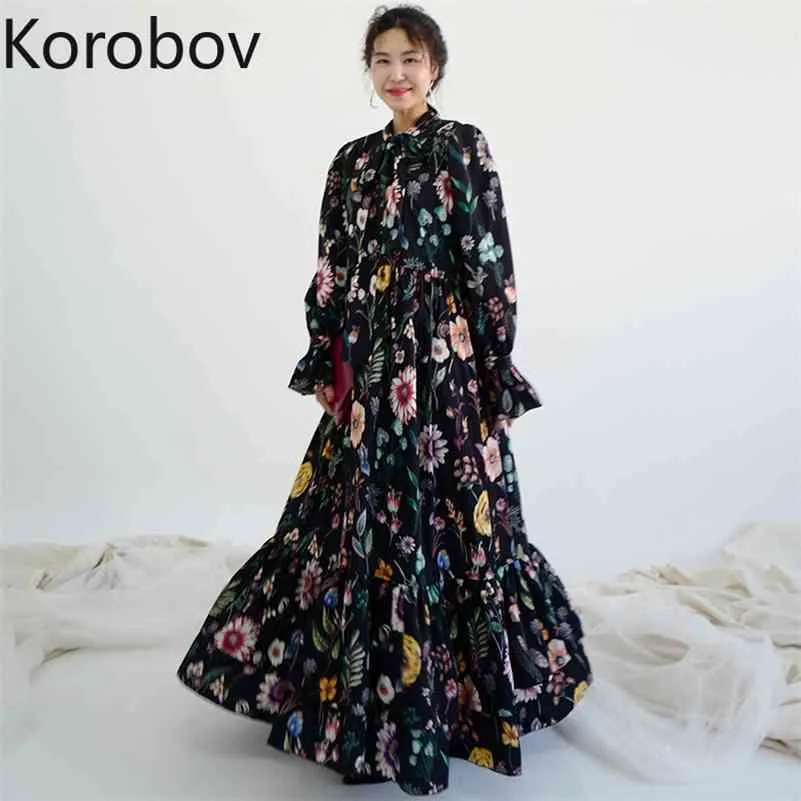 Korobov Korean Chic Flower Print Women Dress Vintage Elegant Stand Collar High Waist Flare Sleeve Dresses Fashion New Vestidos 210430