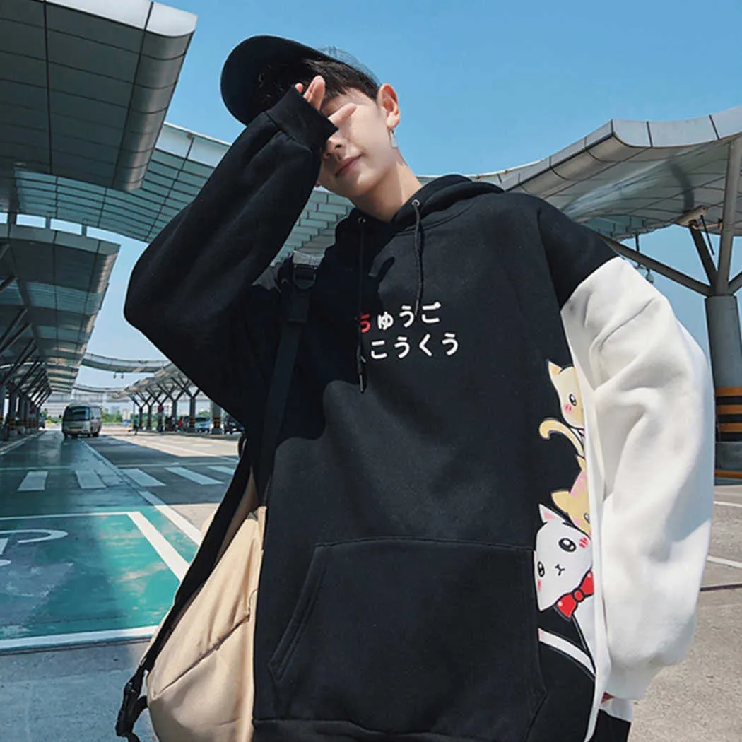 Japanese Style Men Cute Cat Printed Hoodies Harajuku Loose Hooded Sweatshirt Fashion Tracksuits Male Long Sleeve Hoody Pullovers Y0816