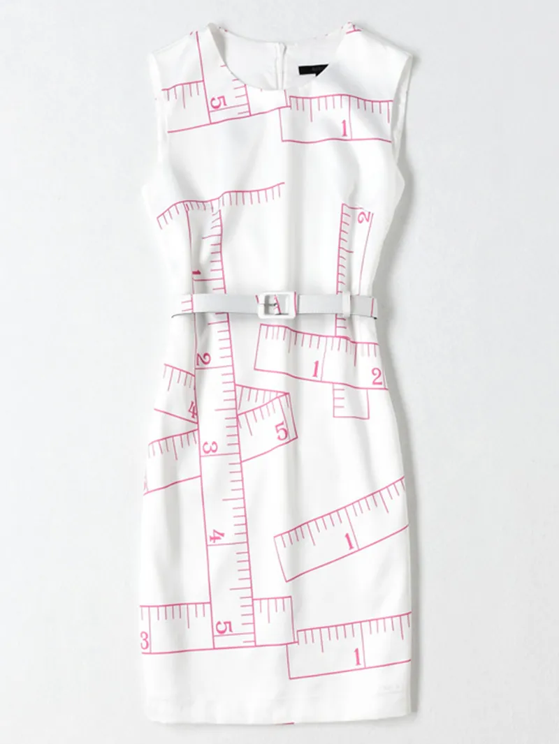 패션 눈금자 프린트 여성 슈즈 드레스 벨트가있는 민소매 드레스