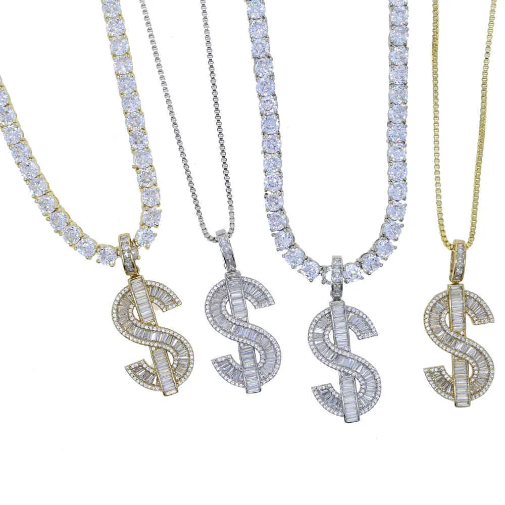 2021 US Dollar Money Pendant Necklaces Hip Hop Tennis Chain For Women Men Iced Out Bling Cubic Zircon Luxury Jewelry 41+10cm X0509