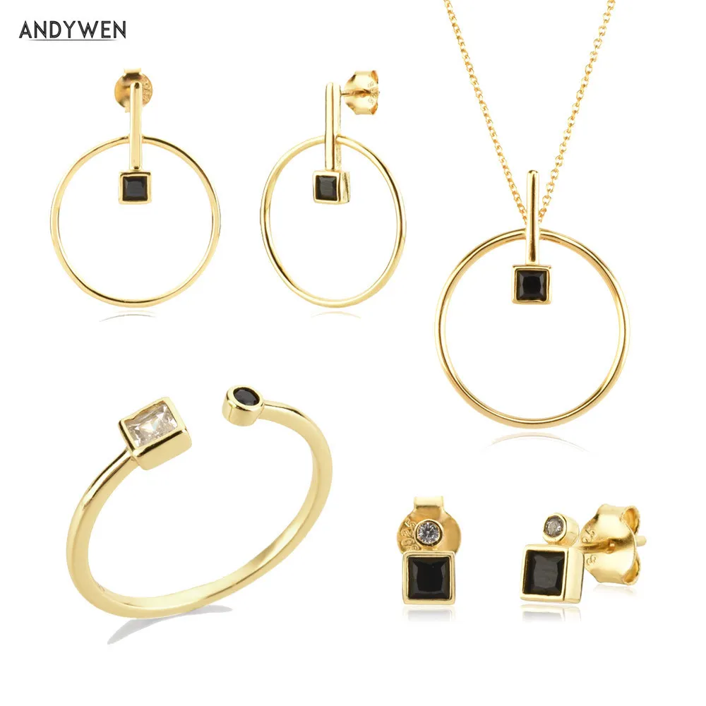 Andywen 925 Sterling Zilver Goud Helder Zwart Zirkoon Crystal Earring Stud Piercing Ring Sieraden Set 2021 Bruiloft Gift Mode