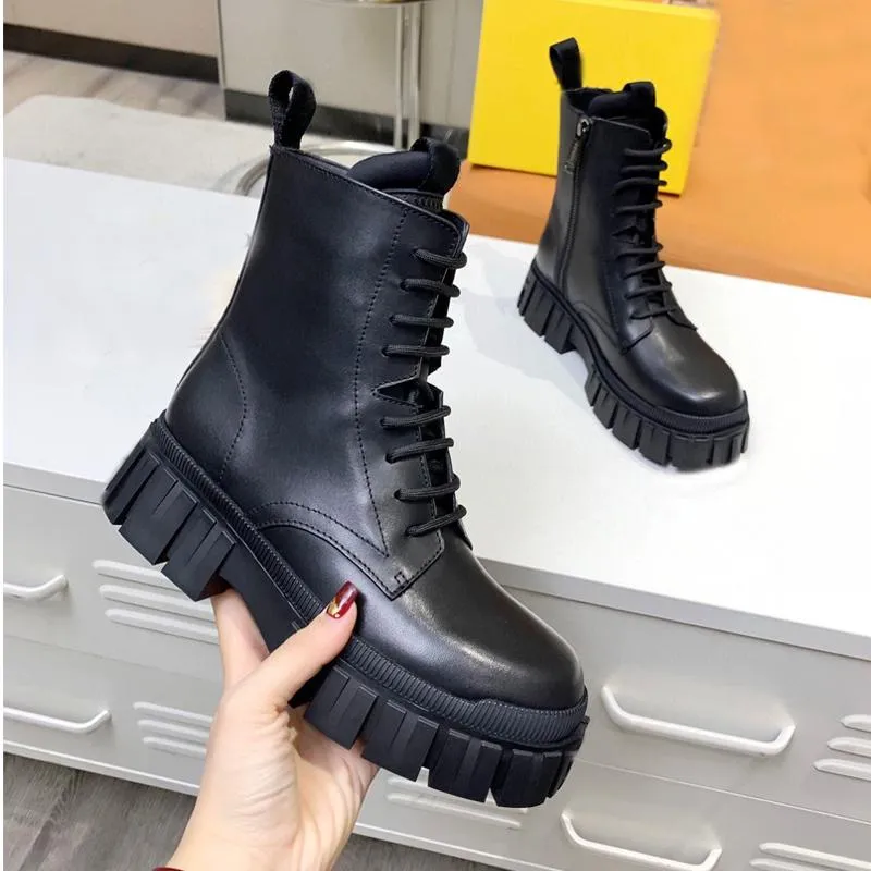 Autumn winter Martin boots woman Thick soled Travel Lace up High top women designer shoes 100% leather lady platform Soft cowhide Crystal bottom boot size 35-41 us4-us10