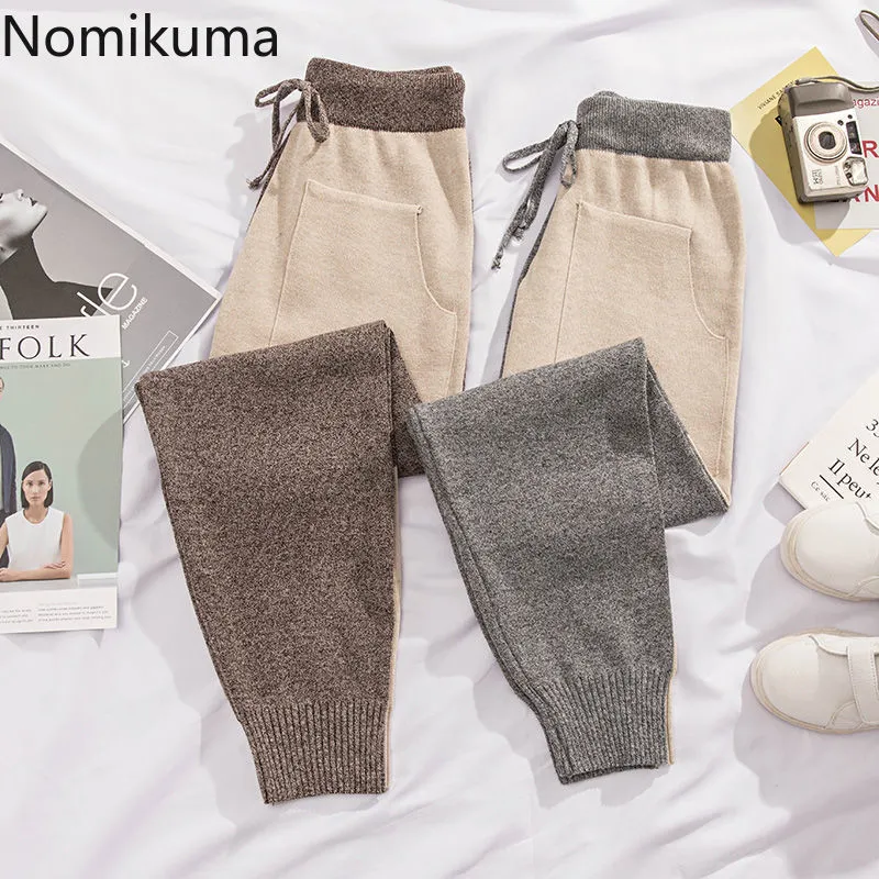 Nomikuma Knitted Harem Pants Korean Hit Color Patchwork Sweater Pants Causal Lace Up High Waist Ankle-length Trousers 6E215 210427