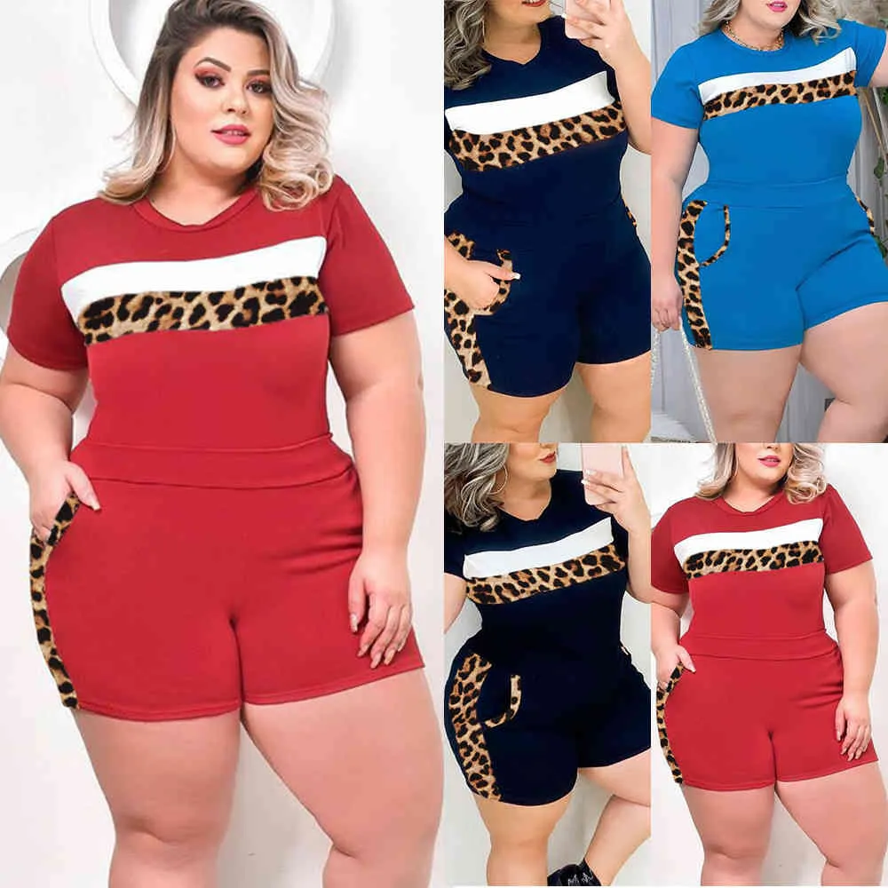 5xl Plus Size Shorts Kvinnor Kläder Outfits Leopard Striped Ladies Två Pieces Set för sommar Mode Stor Storlek Kläder Set D30 x0428