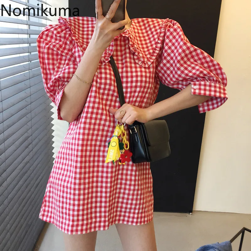 Nomikuma Korean Chic Plaid 여성 드레스 원인 Sweet Peter Pan Collare Puff Sleeve Dresses 새로운 인과 적 A 라인 Vestidos 6G227 210427