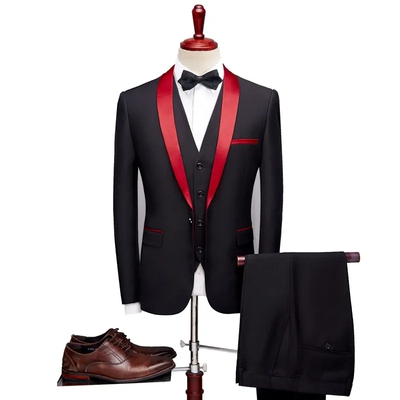 (Jacke + Weste + Hose) Männer Formale Business Anzug Luxus Party Hochzeit Anzüge Männer Slim Fit Schal Kragen Anzug Männer Schwarz Klassischen Anzug 210524