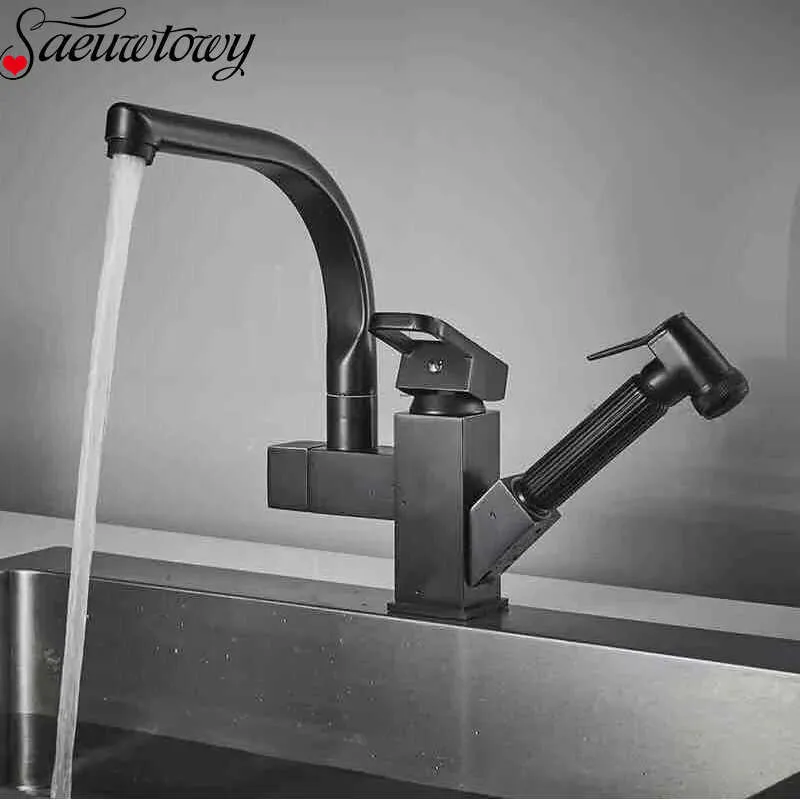 Saeuwtowy Black Kitchen Sink Kaucet Dra ut koppar och kall diskmaskin 360 Roterande handfat kranar kran 210724