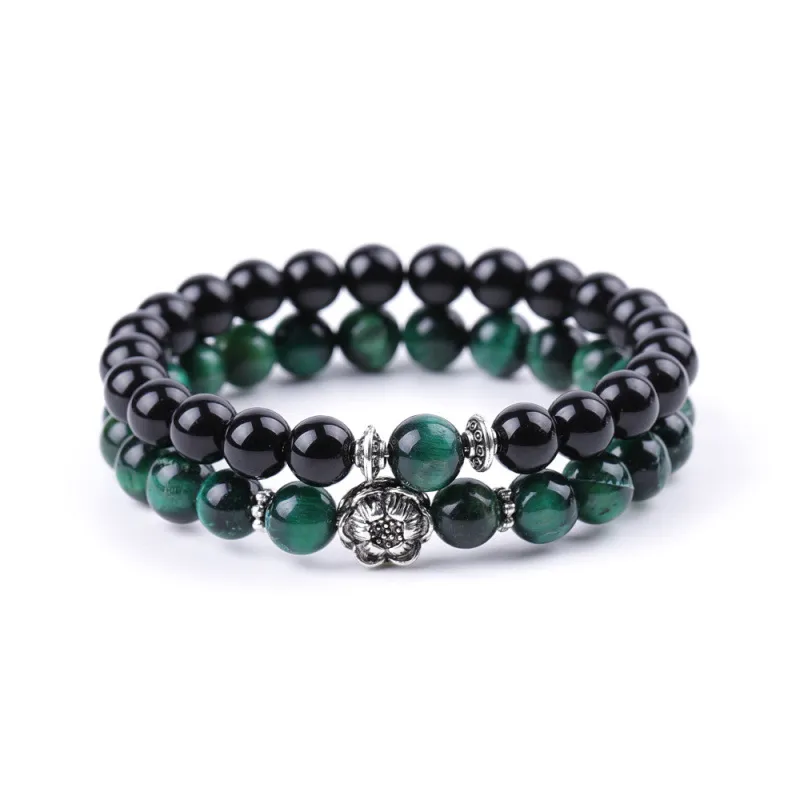 Mężczyźni Green Tiger Eye Stone Bransoletka Buddha Lotus Charms Handmade 8mm Balck Koraliki Bransoletki Letnie Kobiety Biżuteria Prezent