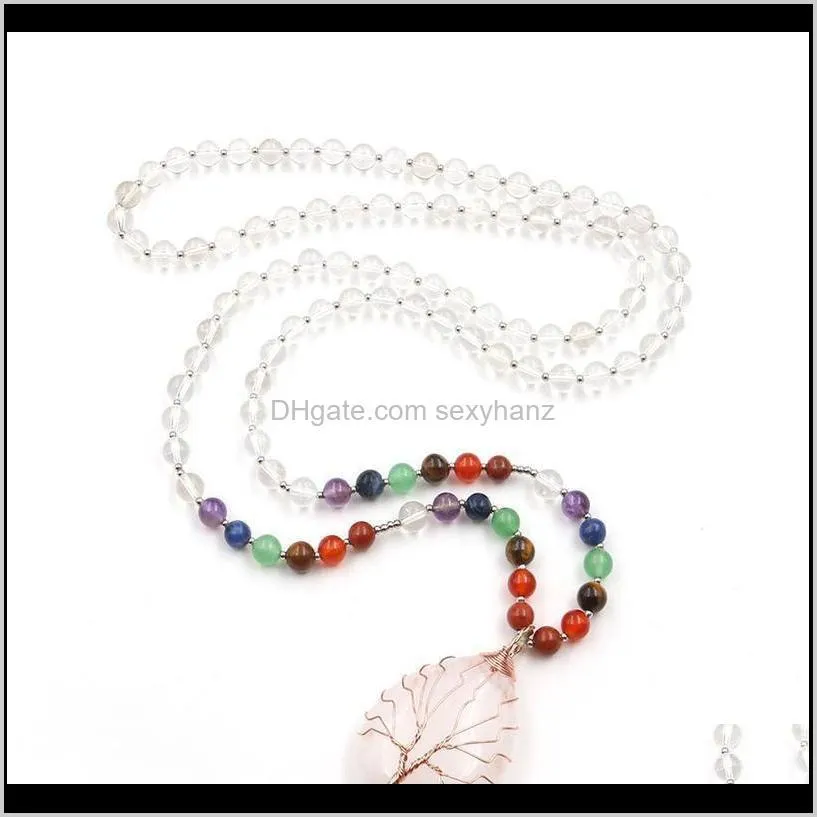 7 chakra natural stone white crystal long chain necklace for women men tree of life handmade water drop pendant necklace qylxkk