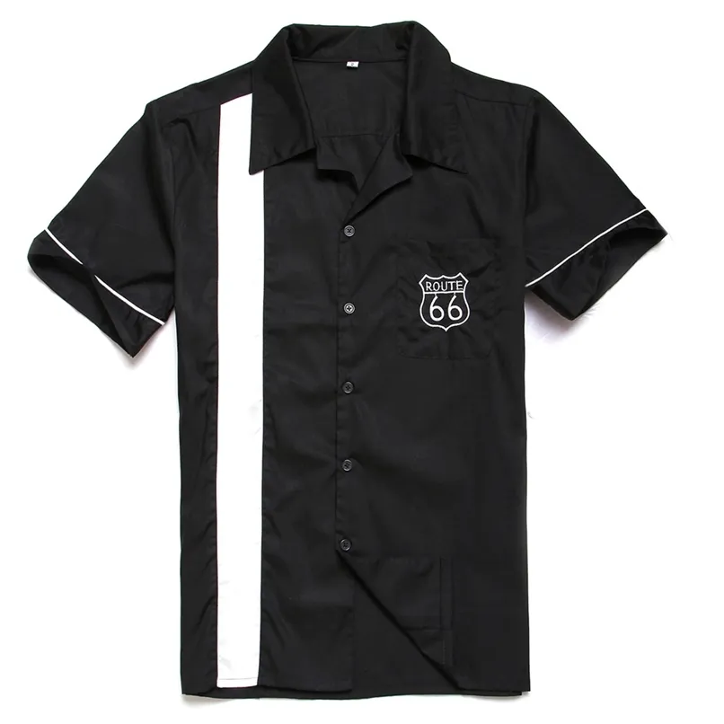 Camicia da uomo Route 66 a maniche corte con ricamo di alta qualità in bianco e nero vintage da uomo Rockabilly bowling camicie casual in cotone 210809