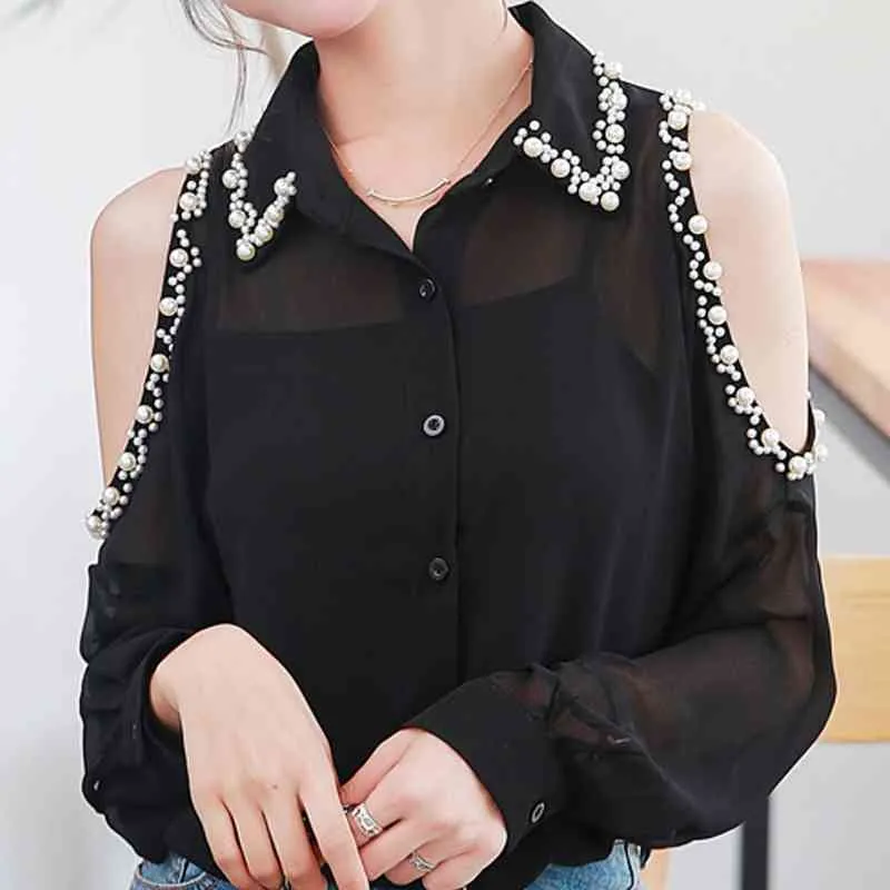 Long Sleeve Beading Turn Down Collar Blouse Shirt Chiffon Blouse Women Blusas Mujer De Moda Off Shoulder Top E143 210426