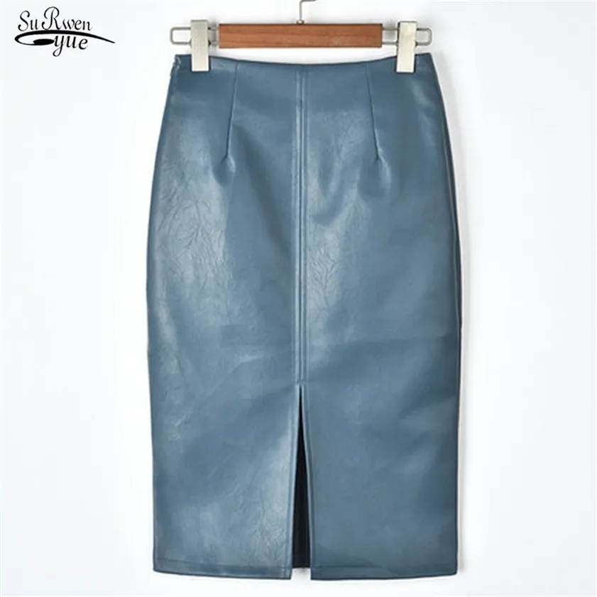 Winter Korean PU Leather Skirt High Waist Straight Midi Sexy Skirt Plus Size Solid Split 10091 220216