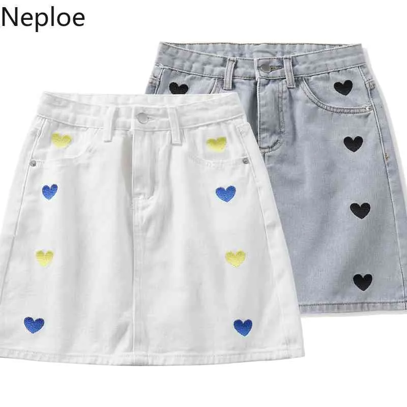 Neploe High Waist Pencil Denim Skirts Women Summer Fashion Mini Skirt Pockets Heart Embroidery Button Jeans Faldas Mujer 210422