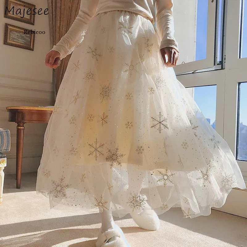 Skirts Women High Waist Spring Autumn A-Line Snow Embroidery Fairy Mesh Girlish All-match Korean Style Simple Fresh Romantic