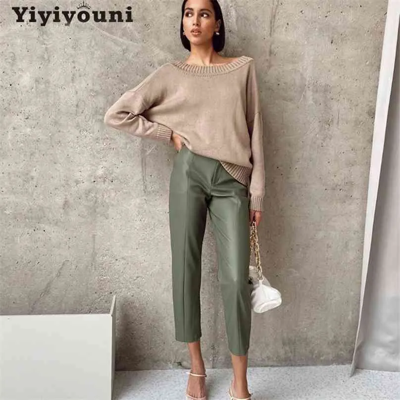 Pantaloni in pelle PU a vita alta Yiyiyouni Pantaloni dritti con cerniera casual da donna Tasche bianche nere Donna 210925