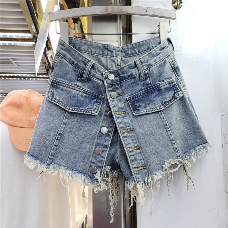 Kvinnor blå singel breasted wide ben denim vintage shorts hög midja mode casual vår sommar 16f0737 210510