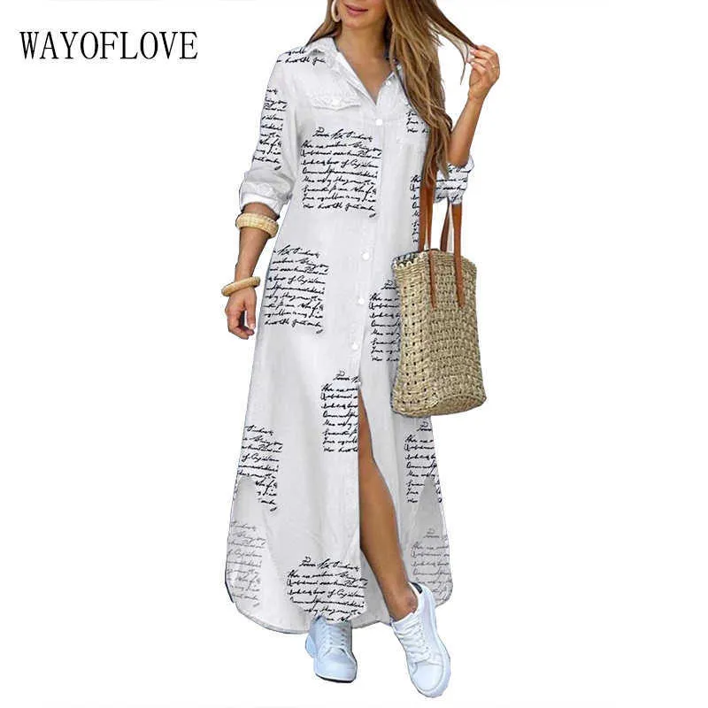 WAYOFLOVE Charakter Druck Weißes Langes Kleid Frauen Casual Plus Größe Robe Langarm Kleider Frau Elegante Taste Hemd Kleid 210602